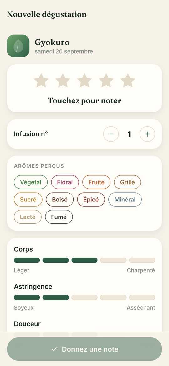 Écran de dégustation avec note et arômes